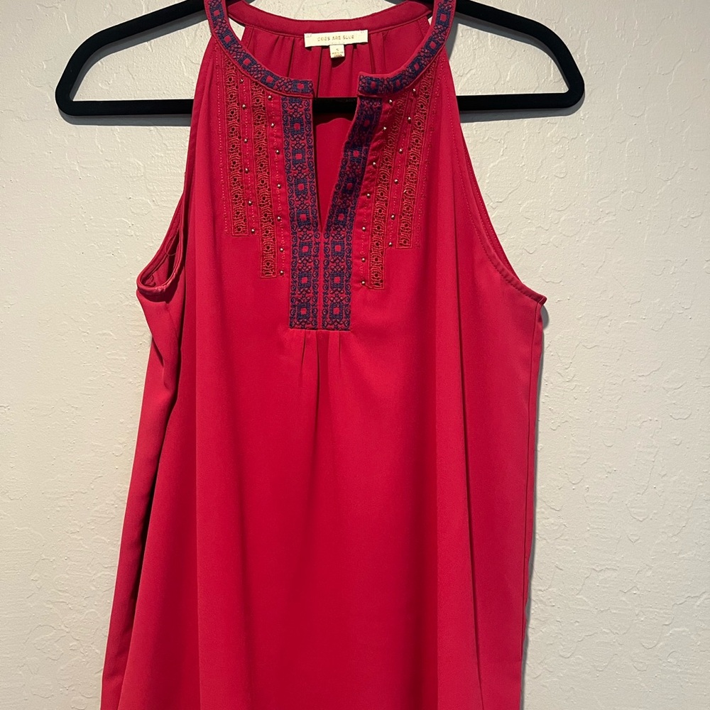Skies Are Blue Red Halter Top with Navy Embroidery